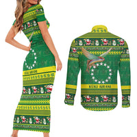Meri Kiritimiti Cook Islands Christmas Couples Matching Short Sleeve Bodycon Dress and Long Sleeve Button Shirt Maroro Flying Fish and White Stars LT9 - Polynesian Pride