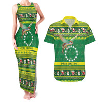 Meri Kiritimiti Cook Islands Christmas Couples Matching Tank Maxi Dress and Hawaiian Shirt Maroro Flying Fish and White Stars LT9 Green - Polynesian Pride