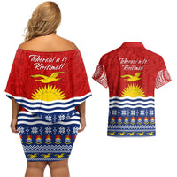 Kiribati Christmas Couples Matching Off Shoulder Short Dress and Hawaiian Shirt Tekeraoi n Te Tiritimati Polynesian Tribal LT9 - Polynesian Pride