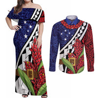 Samoan Ula Fala Flowers Couples Matching Off Shoulder Maxi Dress and Long Sleeve Button Shirt Christmas Santa Belt