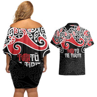 Aotearoa Toitu Te Tiriti Couples Matching Off Shoulder Short Dress and Hawaiian Shirt New Zealand Stand Together Stand Stronger
