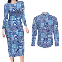 Federated States of Micronesia Merry Christmas Couples Matching Long Sleeve Bodycon Dress and Long Sleeve Button Shirt Pacific Patchwork Xmas Vibes - Polynesian Pride