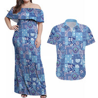 Federated States of Micronesia Merry Christmas Couples Matching Off Shoulder Maxi Dress and Hawaiian Shirt Pacific Patchwork Xmas Vibes LT9 Blue - Polynesian Pride