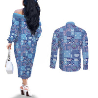 Federated States of Micronesia Merry Christmas Couples Matching Off The Shoulder Long Sleeve Dress and Long Sleeve Button Shirt Pacific Patchwork Xmas Vibes - Polynesian Pride