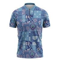 Federated States of Micronesia Merry Christmas Zipper Polo Shirt Pacific Patchwork Xmas Vibes LT9 Blue - Polynesian Pride