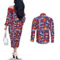 Kiribati Tekeraoi n te Kiritimati Couples Matching Off The Shoulder Long Sleeve Dress and Long Sleeve Button Shirt Pacific Patchwork Xmas Vibes - Polynesian Pride