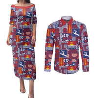 Kiribati Tekeraoi n te Kiritimati Couples Matching Puletasi and Long Sleeve Button Shirt Pacific Patchwork Xmas Vibes LT9 Red - Polynesian Pride
