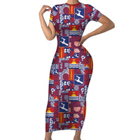 Kiribati Tekeraoi n te Kiritimati Short Sleeve Bodycon Dress Pacific Patchwork Xmas Vibes LT9 Long Dress Red - Polynesian Pride
