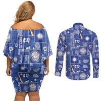 Marshall Islands Merry Christmas Couples Matching Off Shoulder Short Dress and Long Sleeve Button Shirt Pacific Patchwork Xmas Vibes - Polynesian Pride