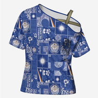 Marshall Islands Merry Christmas Cross Shoulder Shirt Pacific Patchwork Xmas Vibes LT9 Female Blue - Polynesian Pride