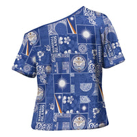 Marshall Islands Merry Christmas Cross Shoulder Shirt Pacific Patchwork Xmas Vibes LT9 - Polynesian Pride
