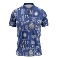 Marshall Islands Merry Christmas Zipper Polo Shirt Pacific Patchwork Xmas Vibes LT9 Blue - Polynesian Pride
