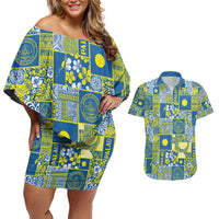 Palau Ungil Kurismas Couples Matching Off Shoulder Short Dress and Hawaiian Shirt Pacific Patchwork Xmas Vibes LT9 Green - Polynesian Pride