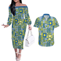Palau Ungil Kurismas Couples Matching Off The Shoulder Long Sleeve Dress and Hawaiian Shirt Pacific Patchwork Xmas Vibes LT9 Green - Polynesian Pride