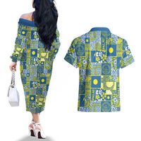 Palau Ungil Kurismas Couples Matching Off The Shoulder Long Sleeve Dress and Hawaiian Shirt Pacific Patchwork Xmas Vibes LT9 - Polynesian Pride