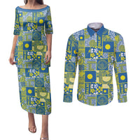 Palau Ungil Kurismas Couples Matching Puletasi and Long Sleeve Button Shirt Pacific Patchwork Xmas Vibes LT9 Green - Polynesian Pride