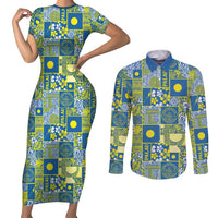 Palau Ungil Kurismas Couples Matching Short Sleeve Bodycon Dress and Long Sleeve Button Shirt Pacific Patchwork Xmas Vibes LT9 Green - Polynesian Pride