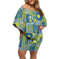 Palau Ungil Kurismas Family Matching Off Shoulder Short Dress and Hawaiian Shirt Pacific Patchwork Xmas Vibes LT9 Mom's Dress Green - Polynesian Pride