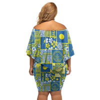 Palau Ungil Kurismas Off Shoulder Short Dress Pacific Patchwork Xmas Vibes - Polynesian Pride