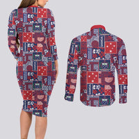 Red Samoa Manuia Le Kerisimasi Couples Matching Long Sleeve Bodycon Dress and Long Sleeve Button Shirt Pacific Patchwork Xmas Vibes - Polynesian Pride