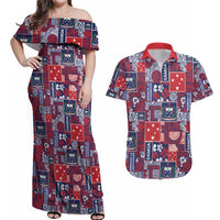 Red Samoa Manuia Le Kerisimasi Couples Matching Off Shoulder Maxi Dress and Hawaiian Shirt Pacific Patchwork Xmas Vibes LT9 Red - Polynesian Pride