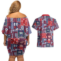 Red Samoa Manuia Le Kerisimasi Couples Matching Off Shoulder Short Dress and Hawaiian Shirt Pacific Patchwork Xmas Vibes LT9 - Polynesian Pride