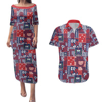 Red Samoa Manuia Le Kerisimasi Couples Matching Puletasi and Hawaiian Shirt Pacific Patchwork Xmas Vibes - Polynesian Pride