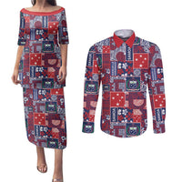 Red Samoa Manuia Le Kerisimasi Couples Matching Puletasi and Long Sleeve Button Shirt Pacific Patchwork Xmas Vibes LT9 Red - Polynesian Pride