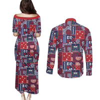 Red Samoa Manuia Le Kerisimasi Couples Matching Puletasi and Long Sleeve Button Shirt Pacific Patchwork Xmas Vibes LT9 - Polynesian Pride