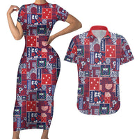Red Samoa Manuia Le Kerisimasi Couples Matching Short Sleeve Bodycon Dress and Hawaiian Shirt Pacific Patchwork Xmas Vibes - Polynesian Pride