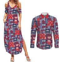 Red Samoa Manuia Le Kerisimasi Couples Matching Summer Maxi Dress and Long Sleeve Button Shirt Pacific Patchwork Xmas Vibes - Polynesian Pride