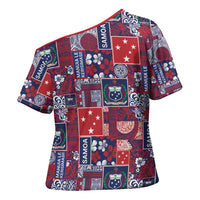 Red Samoa Manuia Le Kerisimasi Cross Shoulder Shirt Pacific Patchwork Xmas Vibes LT9 - Polynesian Pride