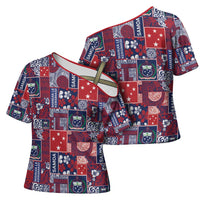Red Samoa Manuia Le Kerisimasi Cross Shoulder Shirt Pacific Patchwork Xmas Vibes LT9 - Polynesian Pride