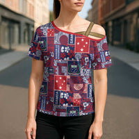 Red Samoa Manuia Le Kerisimasi Cross Shoulder Shirt Pacific Patchwork Xmas Vibes LT9 - Polynesian Pride