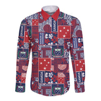 Red Samoa Manuia Le Kerisimasi Long Sleeve Button Shirt Pacific Patchwork Xmas Vibes - Polynesian Pride