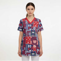Red Samoa Manuia Le Kerisimasi Scrub Top Pacific Patchwork Xmas Vibes - Polynesian Pride