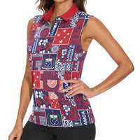Red Samoa Manuia Le Kerisimasi Women Sleeveless Polo Shirt Pacific Patchwork Xmas Vibes - Polynesian Pride