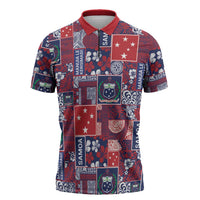 Red Samoa Manuia Le Kerisimasi Zipper Polo Shirt Pacific Patchwork Xmas Vibes LT9 Red - Polynesian Pride