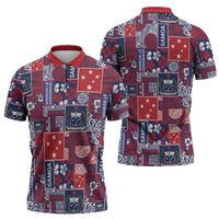 Red Samoa Manuia Le Kerisimasi Zipper Polo Shirt Pacific Patchwork Xmas Vibes LT9 - Polynesian Pride