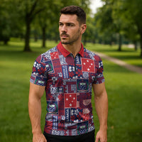 Red Samoa Manuia Le Kerisimasi Zipper Polo Shirt Pacific Patchwork Xmas Vibes LT9 - Polynesian Pride
