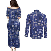 Blue Samoa Manuia Le Kerisimasi Couples Matching Puletasi and Long Sleeve Button Shirt Pacific Patchwork Xmas Vibes LT9 - Polynesian Pride