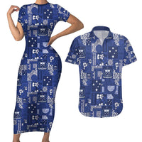 Blue Samoa Manuia Le Kerisimasi Couples Matching Short Sleeve Bodycon Dress and Hawaiian Shirt Pacific Patchwork Xmas Vibes - Polynesian Pride