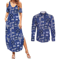 Blue Samoa Manuia Le Kerisimasi Couples Matching Summer Maxi Dress and Long Sleeve Button Shirt Pacific Patchwork Xmas Vibes LT9 Blue - Polynesian Pride