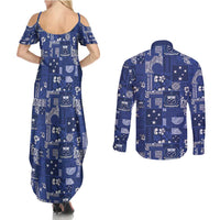 Blue Samoa Manuia Le Kerisimasi Couples Matching Summer Maxi Dress and Long Sleeve Button Shirt Pacific Patchwork Xmas Vibes LT9 - Polynesian Pride