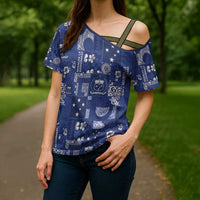 Blue Samoa Manuia Le Kerisimasi Cross Shoulder Shirt Pacific Patchwork Xmas Vibes - Polynesian Pride