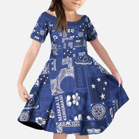 Blue Samoa Manuia Le Kerisimasi Family Matching Off Shoulder Short Dress and Hawaiian Shirt Pacific Patchwork Xmas Vibes LT9 Daughter's Dress Blue - Polynesian Pride