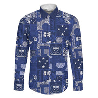 Blue Samoa Manuia Le Kerisimasi Family Matching Off Shoulder Short Dress and Hawaiian Shirt Pacific Patchwork Xmas Vibes LT9 Dad's Shirt - Long Sleeve Blue - Polynesian Pride