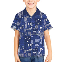 Blue Samoa Manuia Le Kerisimasi Family Matching Off Shoulder Short Dress and Hawaiian Shirt Pacific Patchwork Xmas Vibes LT9 Son's Shirt Blue - Polynesian Pride