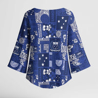 Blue Samoa Manuia Le Kerisimasi Kimono Sleeve Blouse Pacific Patchwork Xmas Vibes - Polynesian Pride