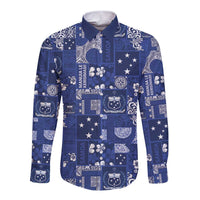 Blue Samoa Manuia Le Kerisimasi Long Sleeve Button Shirt Pacific Patchwork Xmas Vibes - Polynesian Pride